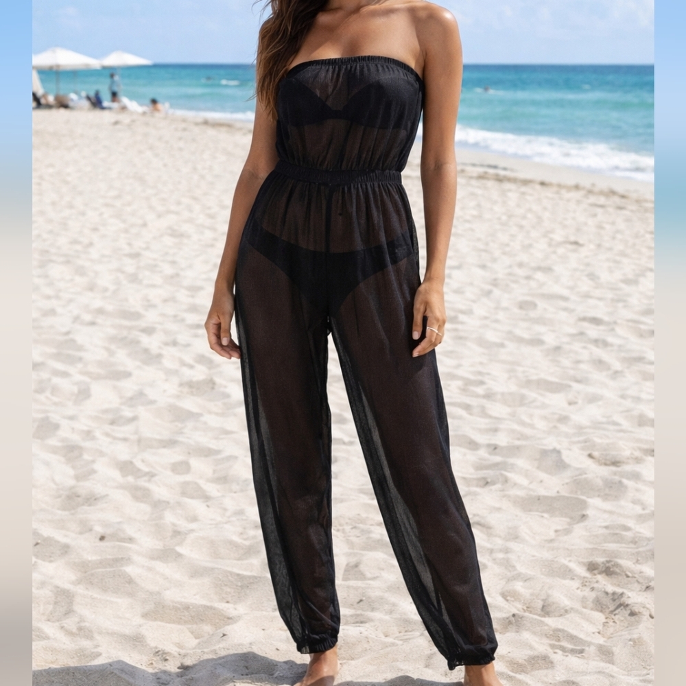 American Apparel Black Strapless Mesh Pants Jumpsuit Romper Cover Up Size Small